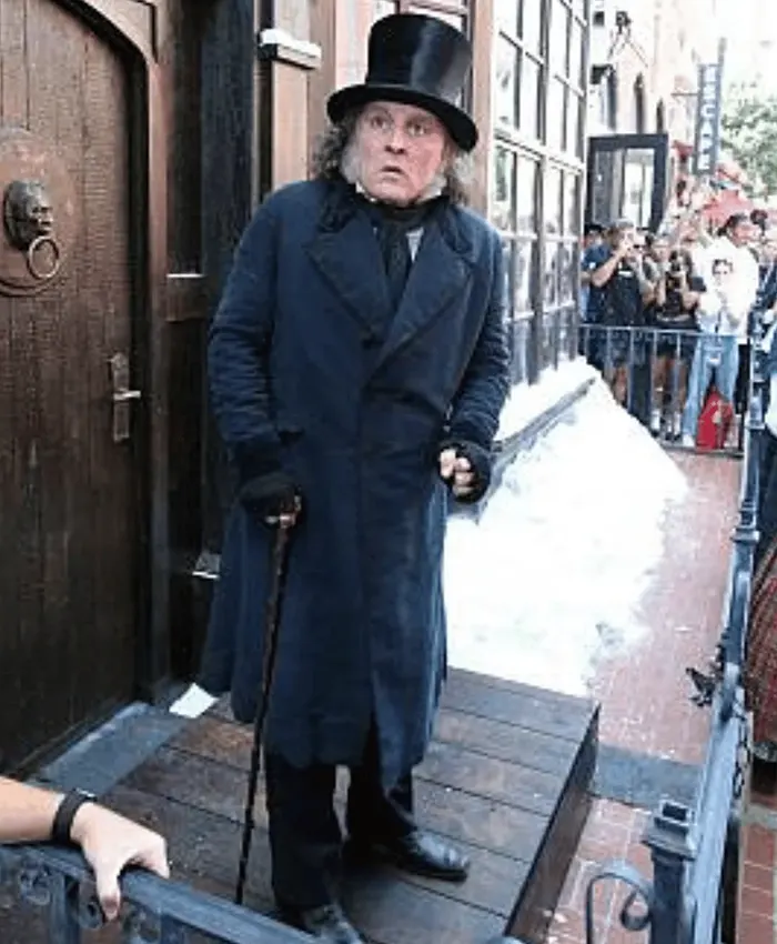 Close-up of Ebenezer 2026 Johnny Depp Blue Cotton Trench Coat detailing and design
