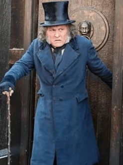 Close-up of Ebenezer Scrooge Movie Ebenezer 2026 Blue Cotton Trench Coat