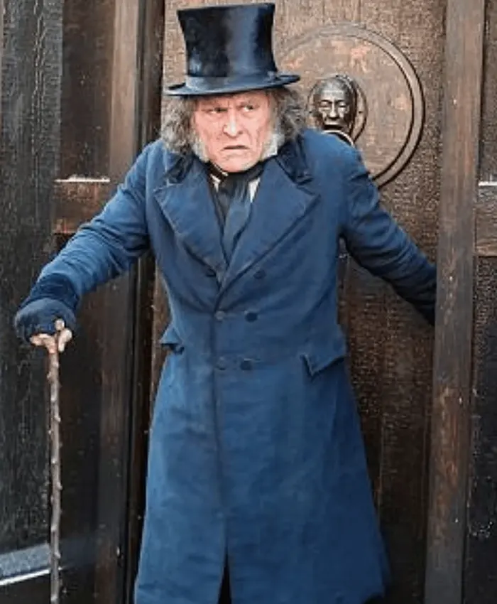 Close-up of Ebenezer Scrooge Movie Ebenezer 2026 Blue Cotton Trench Coat