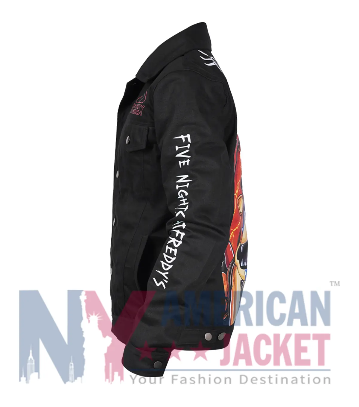 Close-up of Glam Rock Freddy Black Denim Jacket featuring four pockets and buttoned cuffs