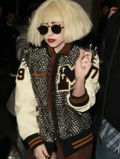 Close-up of Lady Gaga Monster Studded Varsity Jacket premium varsity detailing and design