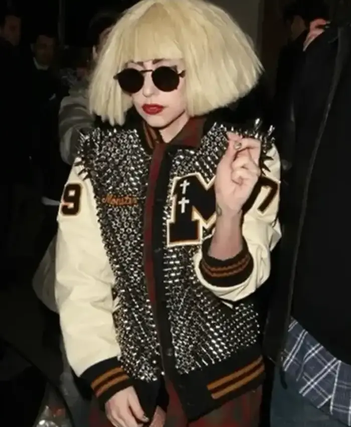 Close-up of Lady Gaga Monster Studded Varsity Jacket premium varsity detailing and design