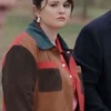 Close-up of Mabel Mora Colorblock Suede Leather Trench Coat buttoned front