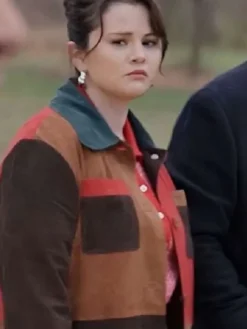 Close-up of Mabel Mora Colorblock Suede Leather Trench Coat buttoned front