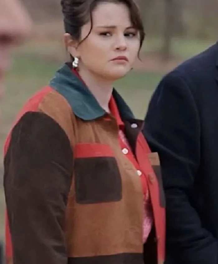 Close-up of Mabel Mora Colorblock Suede Leather Trench Coat buttoned front