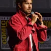 Close-up of Marvel SDCC 2026 Ryan Gosling Red Cotton Jacket collar and cuffs
