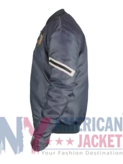 Close-up of Michelle Buteau Survival Of The Thickest Grey Bomber Jacket details