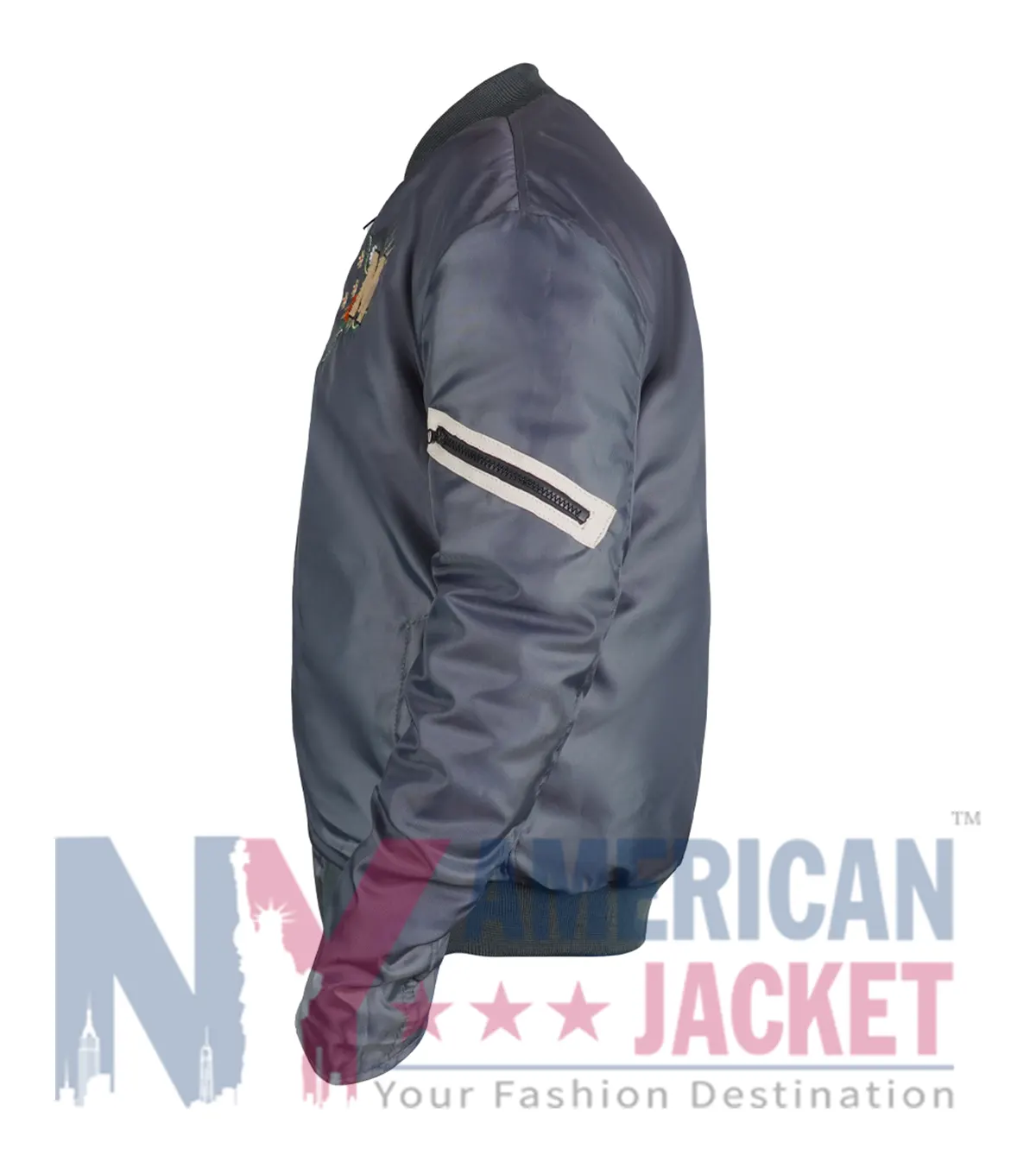 Close-up of Michelle Buteau Survival Of The Thickest Grey Bomber Jacket details