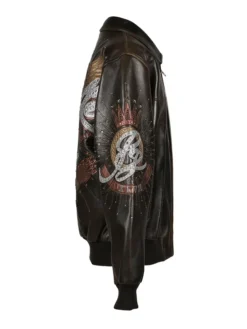Close-up of Pelle Pelle 47th Anniversary Black Leather Varsity Jacket premium varsity details