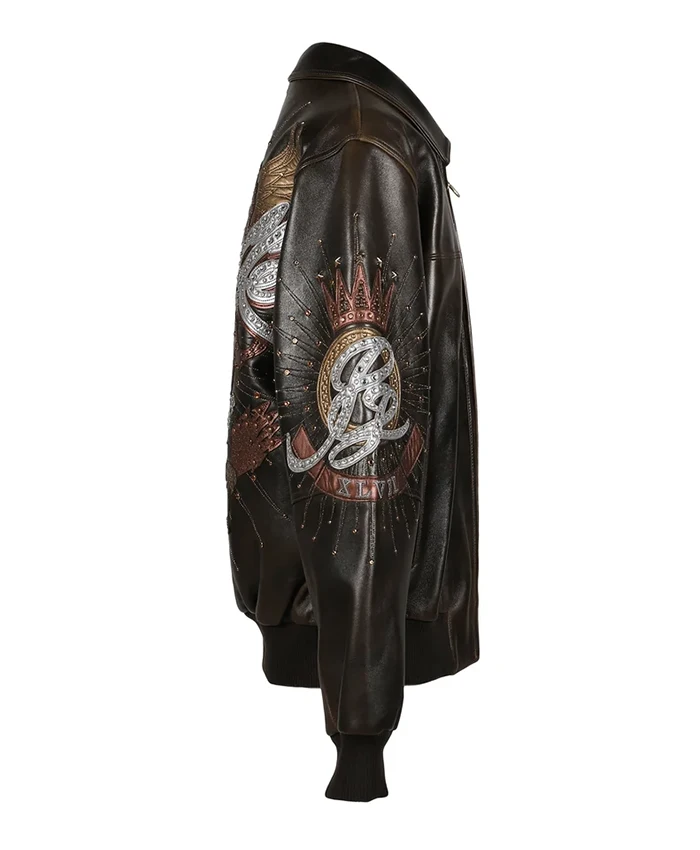 Close-up of Pelle Pelle 47th Anniversary Black Leather Varsity Jacket premium varsity details