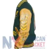 Close-up of Polo Tiger Green and Brown Varsity Jacket showing embroidered details and premium style