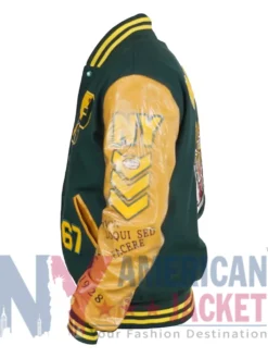 Close-up of Polo Tiger Green and Brown Varsity Jacket showing embroidered details and premium style