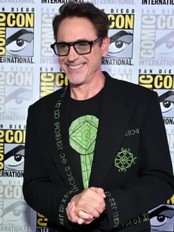 Close-up of Robert Downey Marvel SDCC 2026 Black Blazer suit fabric details