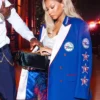 Close-up of Savannah James 76ers Blue Blazer with lapel collar and button closure