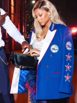 Close-up of Savannah James 76ers Blue Blazer with lapel collar and button closure
