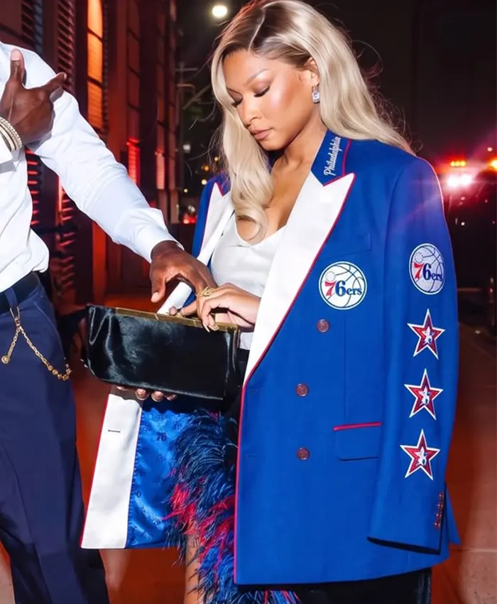 Close-up of Savannah James 76ers Blue Blazer with lapel collar and button closure