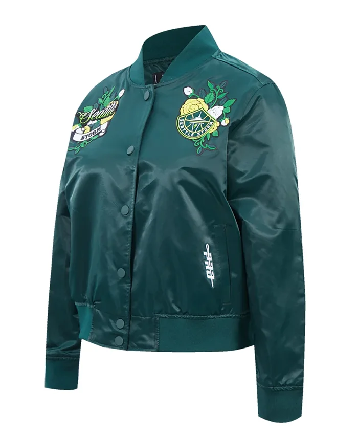 Close-up of Seattle Storm Women's Ink And Bloom Satin Jacket premium details