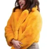 Close-up of Selena Gomez Only Murders In The Building S04 Yellow Sherpa Jacket