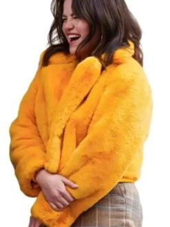 Close-up of Selena Gomez Only Murders In The Building S04 Yellow Sherpa Jacket