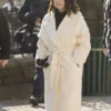 Close-up of Selena Gomez Only Murders In The Building White Trench Coat details