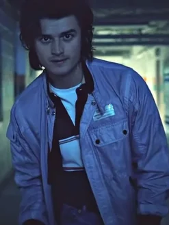 Close up of Series Stranger Things Season 04 Steve Harrington Grey Jacket