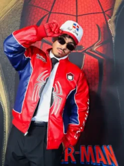 Close-up of Spider-Man Brand New Day 2026 Leather Jacket featuring rib-knitted cuffs and premium details