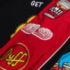 Close-up of The Simpsons x Shoe Palace Duff Man Black and Red Bomber Jacket details