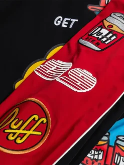 Close-up of The Simpsons x Shoe Palace Duff Man Black and Red Bomber Jacket details