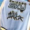 Close-up of WNBA Chicago Sky Limitless Wool Varsity Jacket snap-tab details