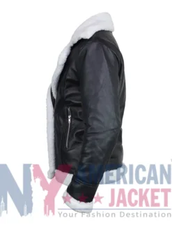 Close-up of Womens Black Leather Aviator Jacket with notch lapel collar and open-hem cuffs