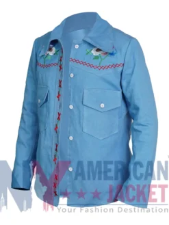 Close-up of Yellowstone Season 05 Floral Denim Shirt with buttoned cuffs and closure