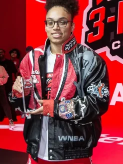 Close view of Jeff Hamilton WNBA 3-Point Contest Champion Red Leather Jacket
