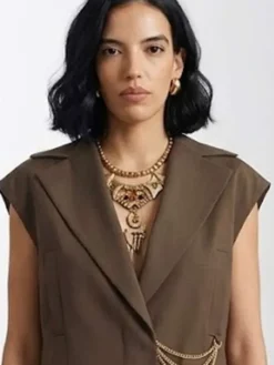 Danielle Olivera Brown Wool Vest featuring lapel collar and belted button closure