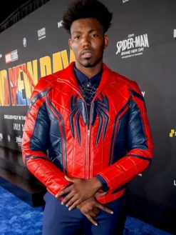 Dominique Barrett Red and Blue Leather Jacket with erect collar and YKK zipper closure