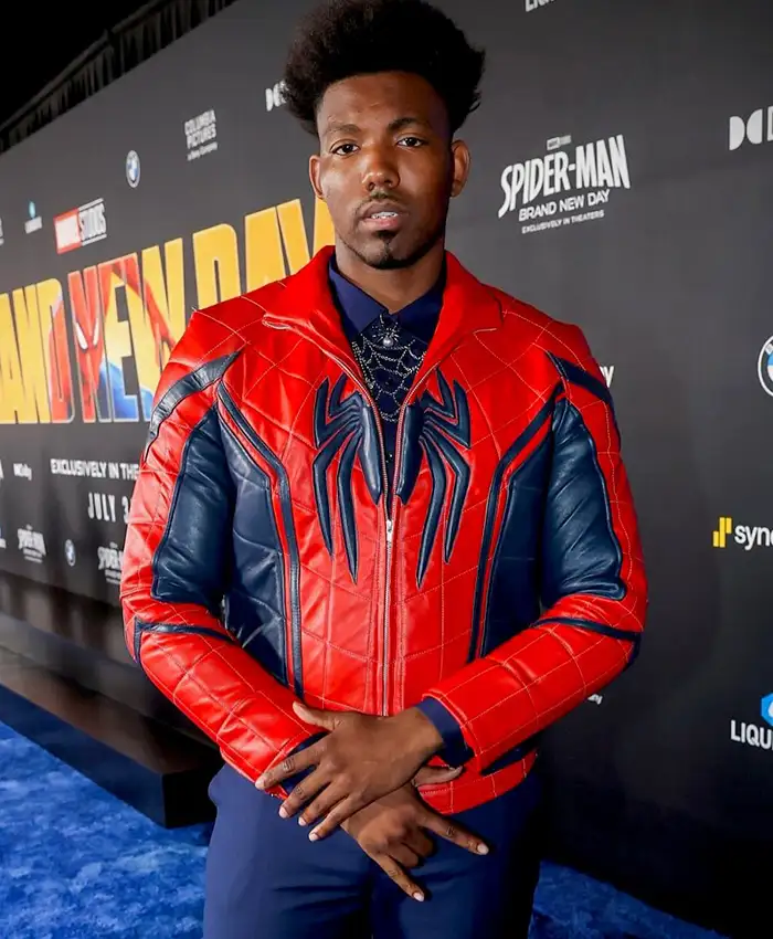 Dominique Barrett Red and Blue Leather Jacket with erect collar and YKK zipper closure