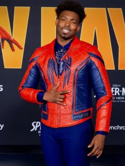 Dominique Barrett Spider-Man Brand New Day 2026 Premiere Red and Blue Leather Jacket front view