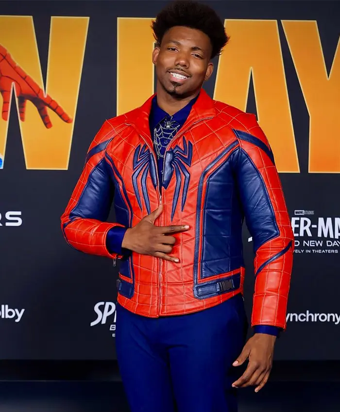 Dominique Barrett Spider-Man Brand New Day 2026 Premiere Red and Blue Leather Jacket front view