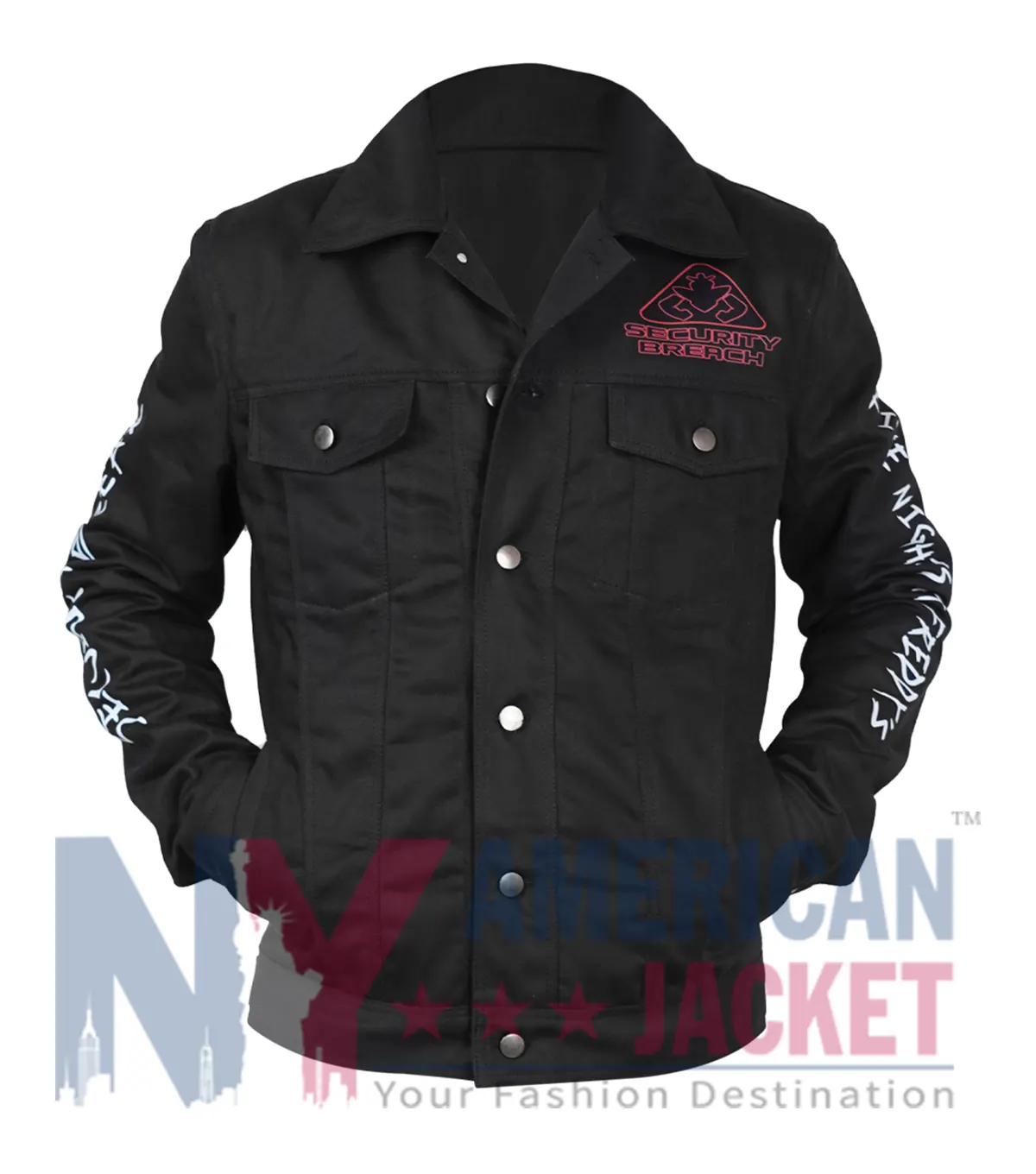 Five Nights At Freddy’s Security Breach Glam Rock Freddy Black Denim Jacket front view