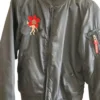 Front View of Series Stranger Things Black Satin Bomber Crew Jacket