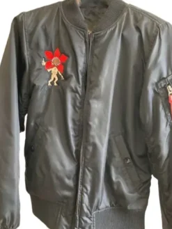 Front View of Series Stranger Things Black Satin Bomber Crew Jacket