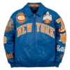 Front view of Pelle Pelle For The City Of Knicks NBA Champions 2026 Blue Leather Jacket