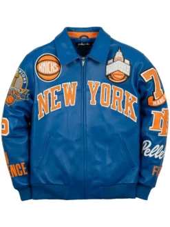 Front view of Pelle Pelle For The City Of Knicks NBA Champions 2026 Blue Leather Jacket