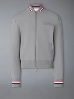 Front view of Shop Thom Browne 65 Intarsia Grey Bomber Wool Jacket