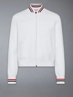 Front view of Shop Thom Browne 65 Intarsia White Wool Bomber Jacket