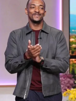 Front view of The Jennifer Hudson Show 2025 Anthony Mackie Grey Cotton Jacket