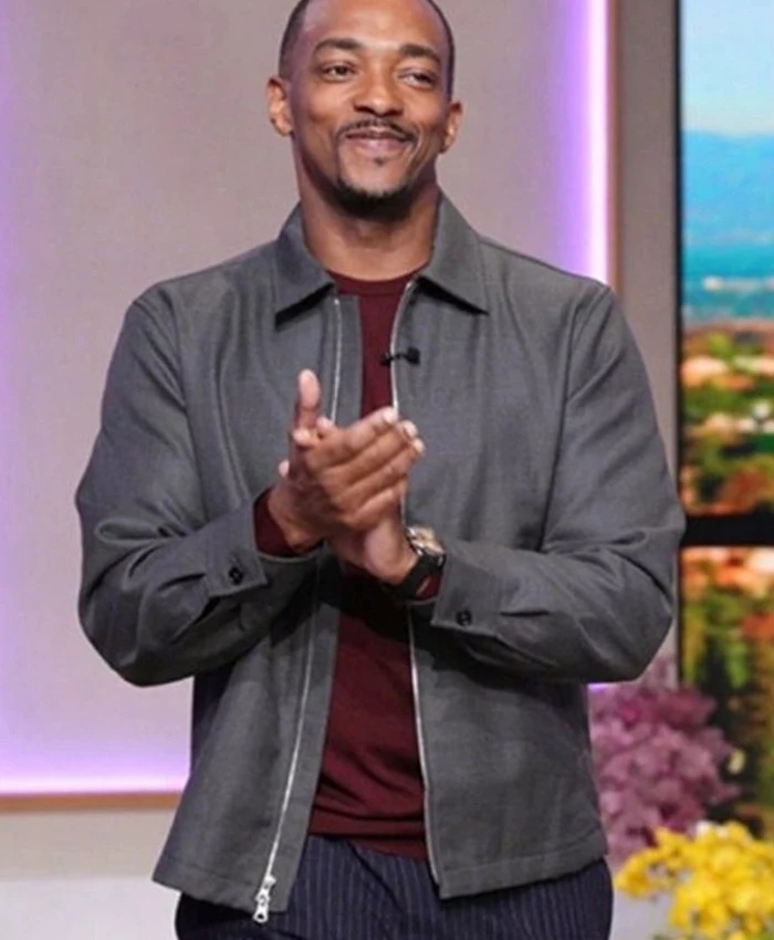Front view of The Jennifer Hudson Show 2025 Anthony Mackie Grey Cotton Jacket