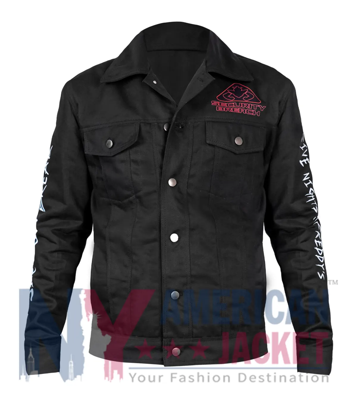 Gaming-inspired Five Nights At Freddy’s Security Breach Black Denim Jacket full sleeve design