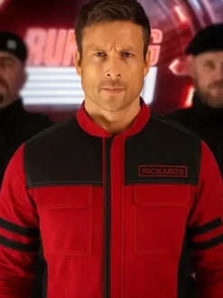 Glen Powell The Running Man 2025 Red And Black Jacket