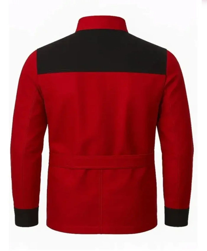 Glen Powell The Running Man 2025 Red And Black Jacket Back View