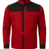 Glen Powell The Running Man 2025 Red And Black Jacket Front View